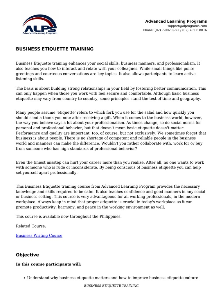 Business Etiquette Training Course Outline Pdf Etiquette