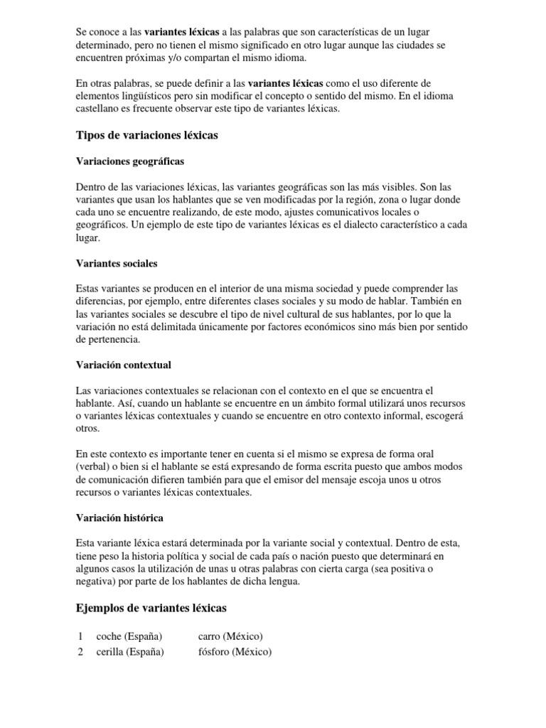 Variantes léxicas y ejemplos clave | PDF | Idiomas | Artes del Lenguaje ...