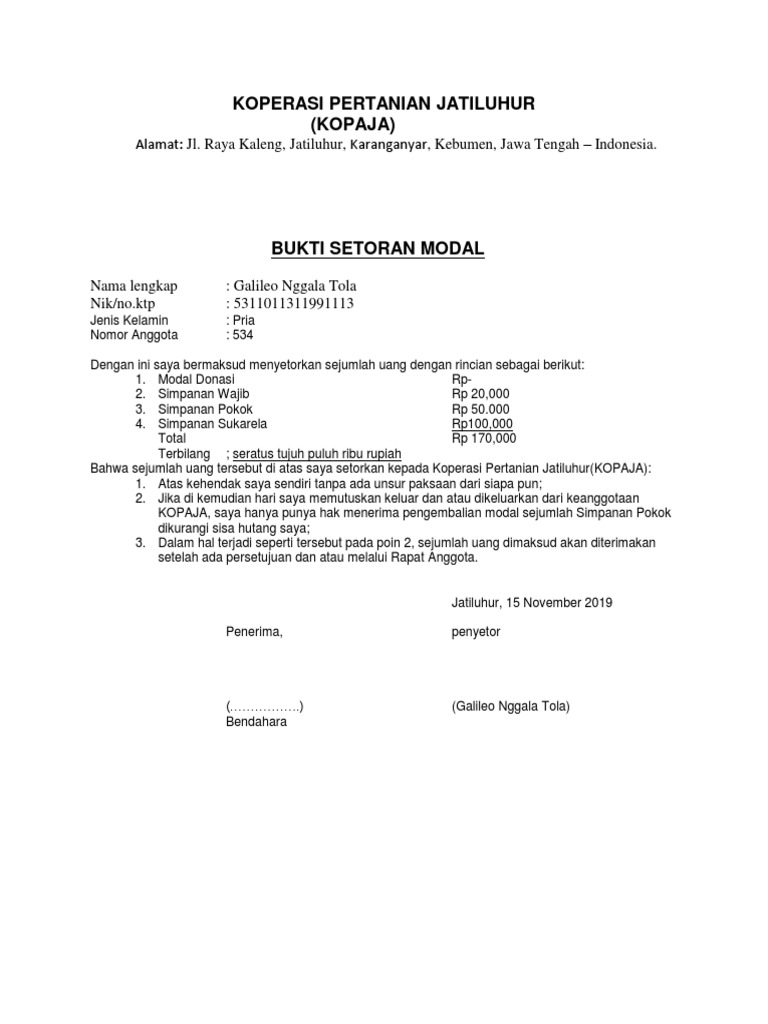 Bukti Setoran Modal Koperasi KOPAJA | PDF