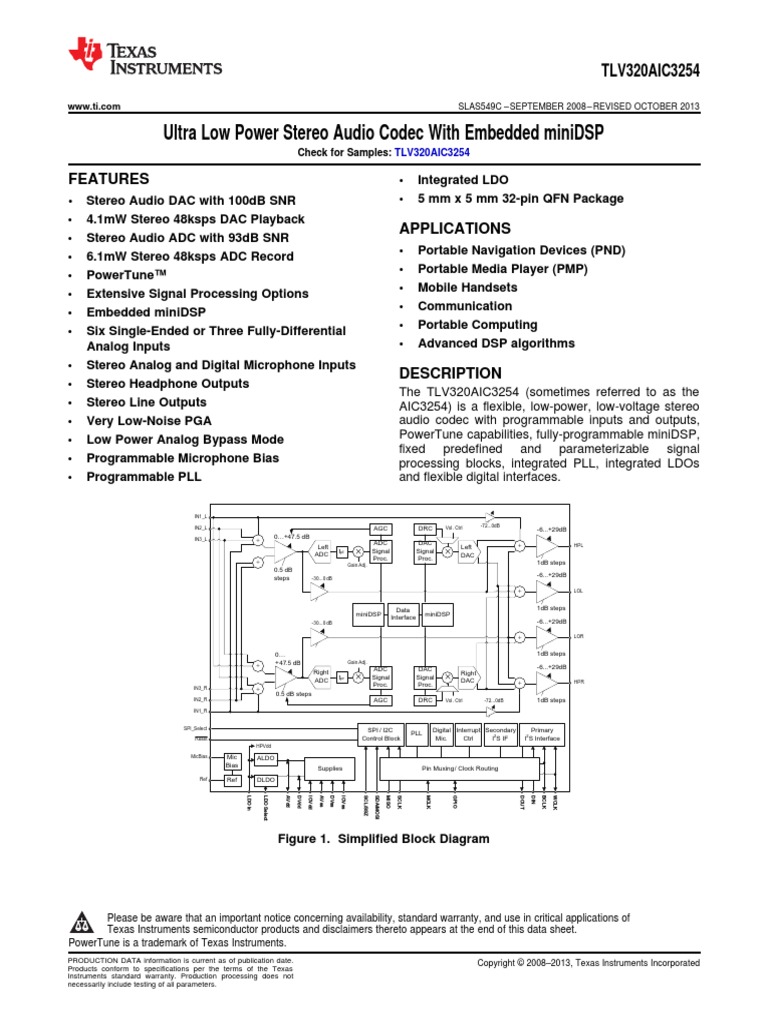 Ultra Low Power Stereo Audio Codec With Embedded Minidsp: Features ...