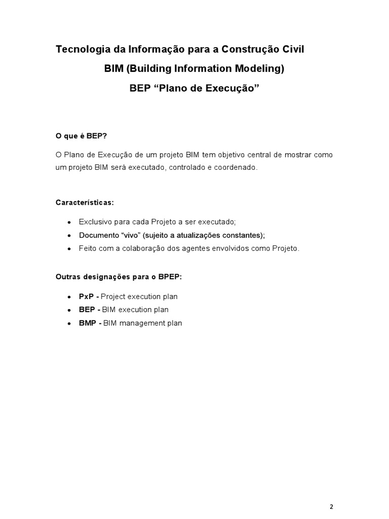 BEP - Plano de Execução - Trabalho Modelo | PDF | BIM | Computação em nuvem