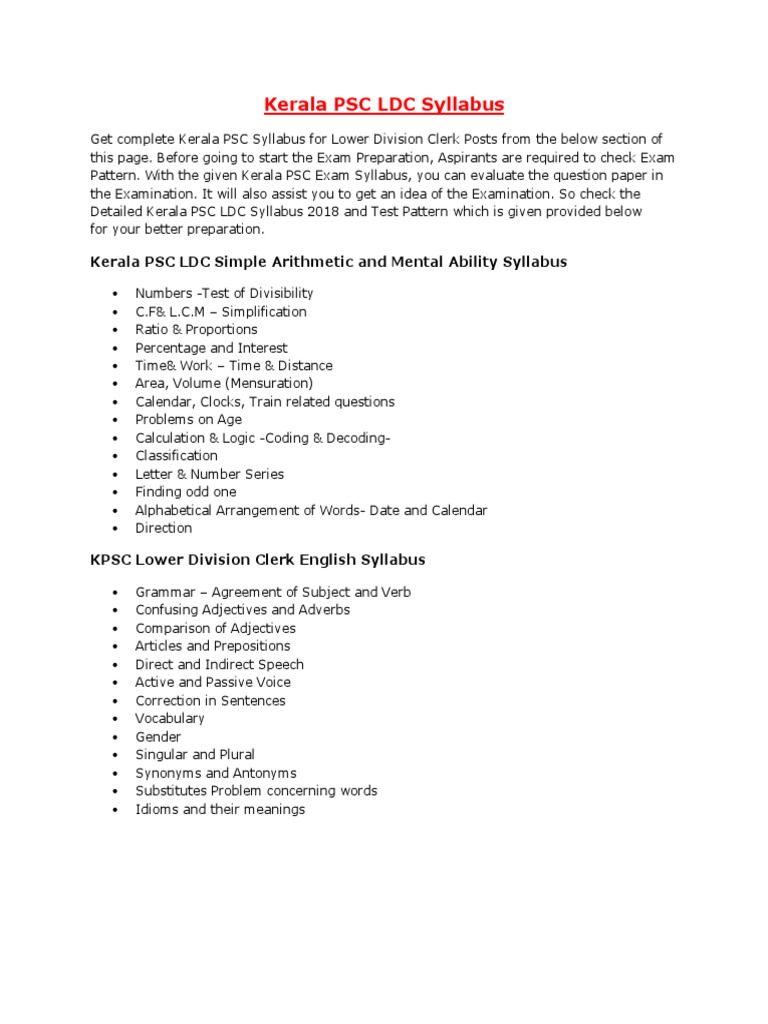 Kerala PSC LDC Syllabus PDF Adjective Syntactic Relationships