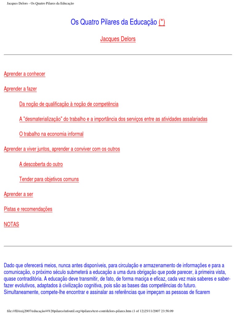 Jacques Delors - Os Quatro Pilares Da Educação PDF | PDF | Humano ...