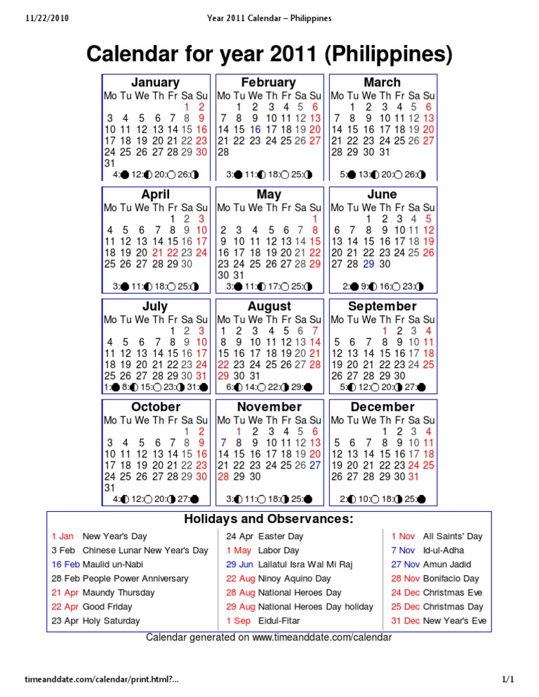 2011 Calendar for the Philippines with Holidays and Observances | PDF |  Traditions | Public Holiday