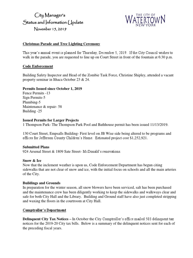 Watertown City Manager's Status & Information Report Nov. 15, 2019