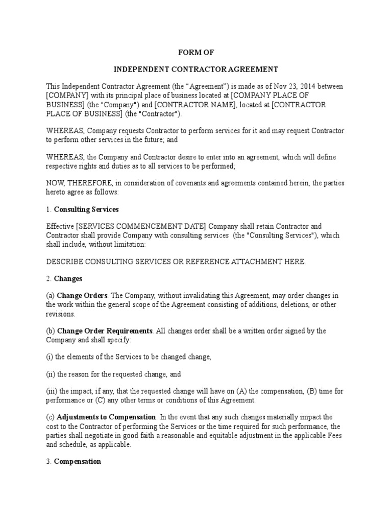 Form of Independent Contractor Agreement November 23 2014 | PDF ...