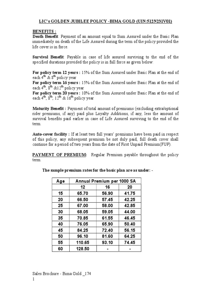 LIC Bima Gold Plan 174 Overview | PDF | Life Insurance | Insurance