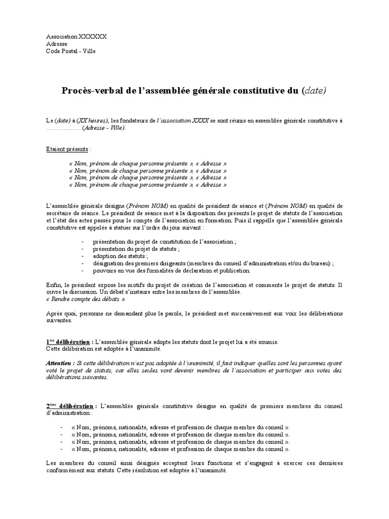 Modèle de Procès-Verbal D'assemblée Générale Constitutive | PDF ...