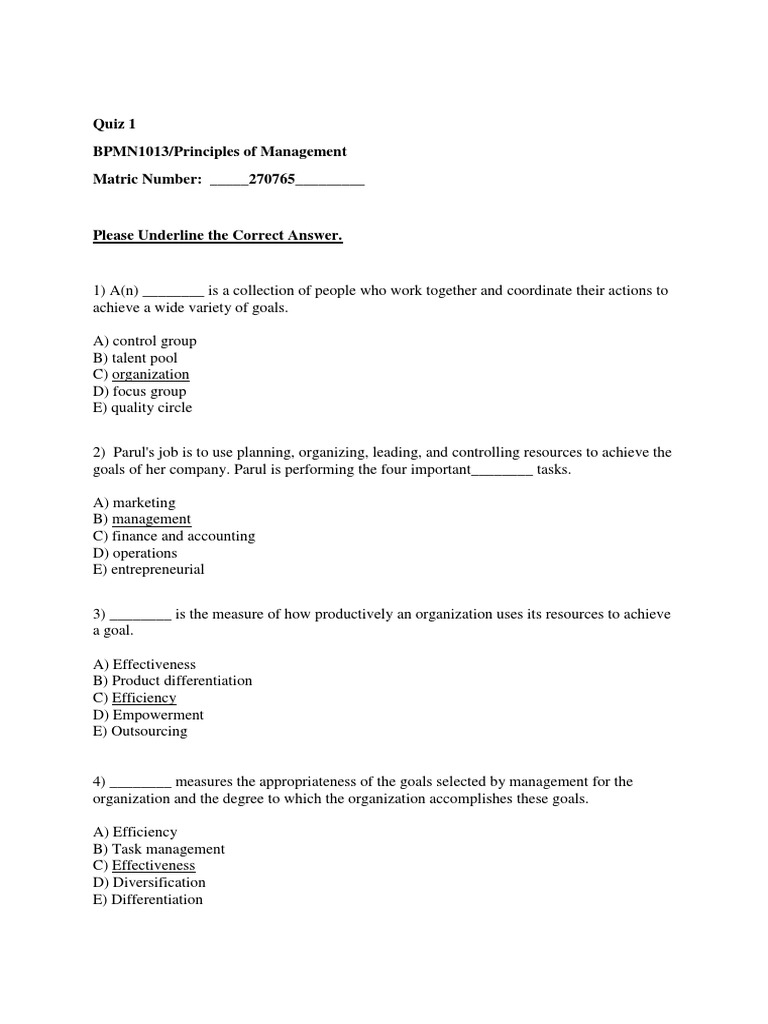 Principles of Management Quiz 1 | PDF | Stakeholder (Corporate ...