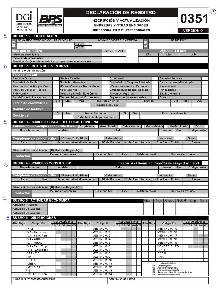Formulario 0351 BPS: Instrucciones y Datos | PDF | Gobierno | Business