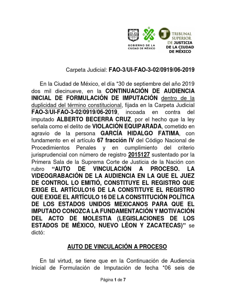 Auto de Vinculación a Proceso Violación Caso de ley