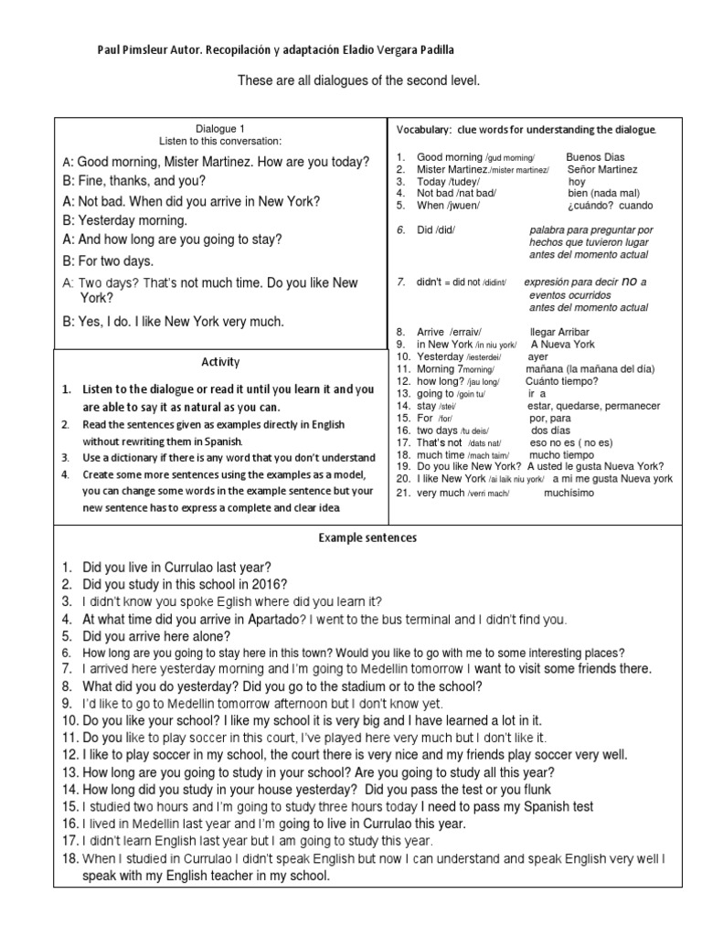 These Are All Dialogues of The Second Level Con Pronunciacion | PDF ...