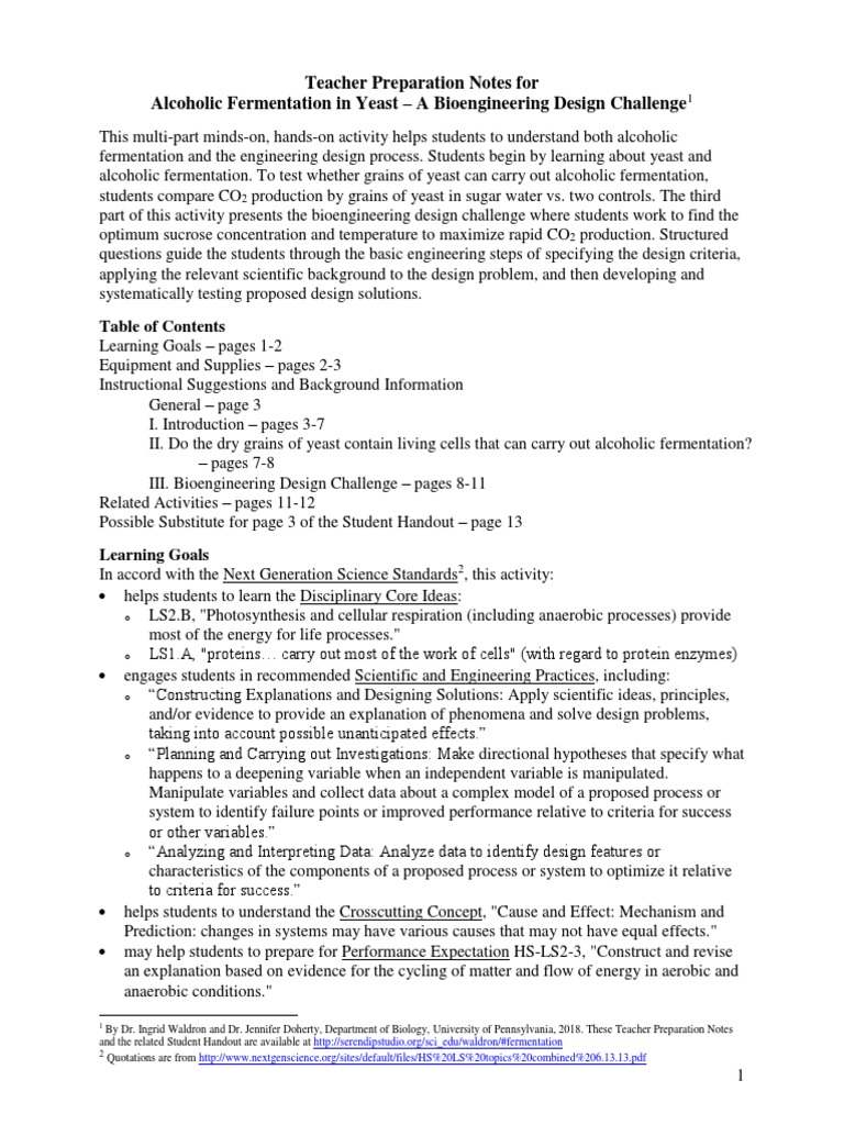 Teacher Preparation Notes For Alcoholic Fermentation in Yeast A