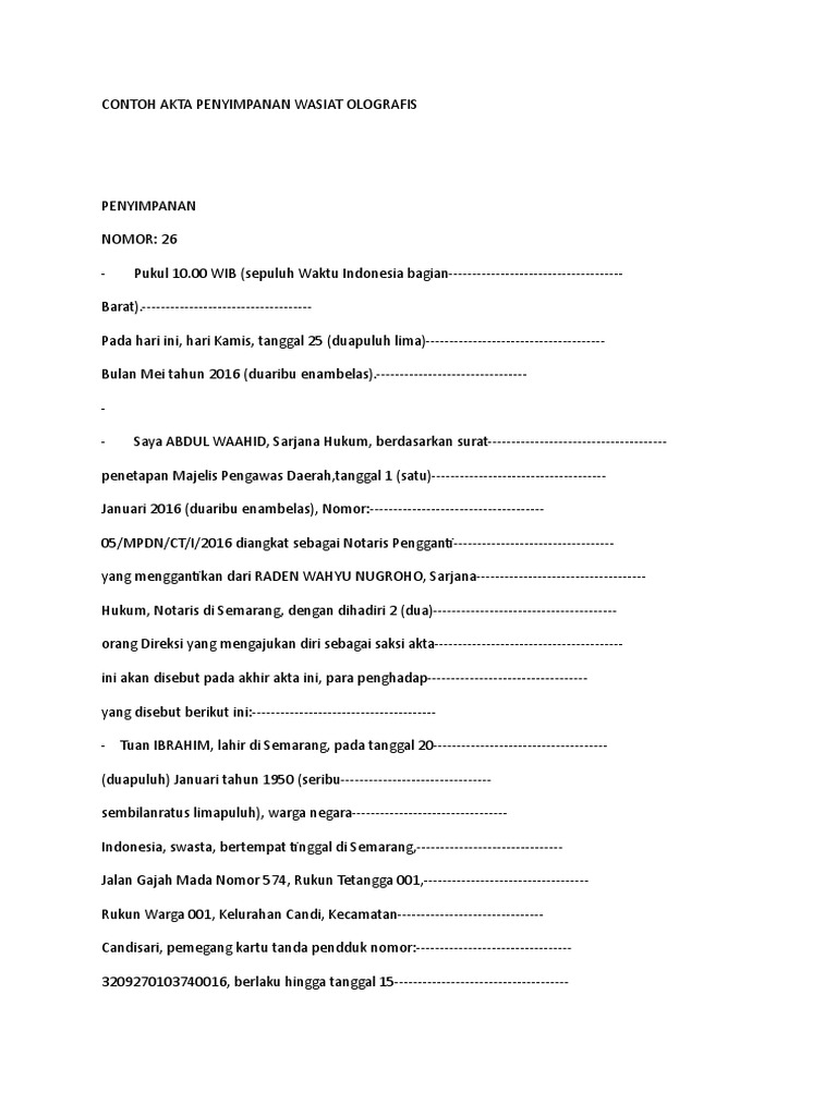 Contoh Akta Penyimpanan Wasiat Olografis
