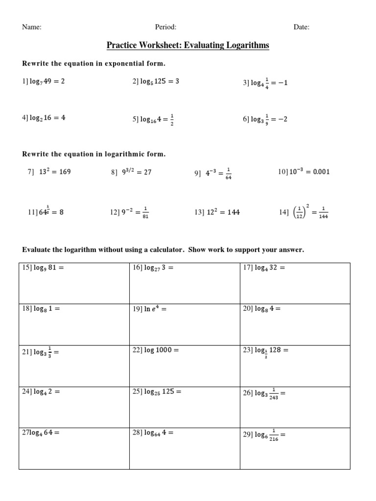 Practice Worksheet: Evaluating Logarithms: Rewrite The Equation in ...