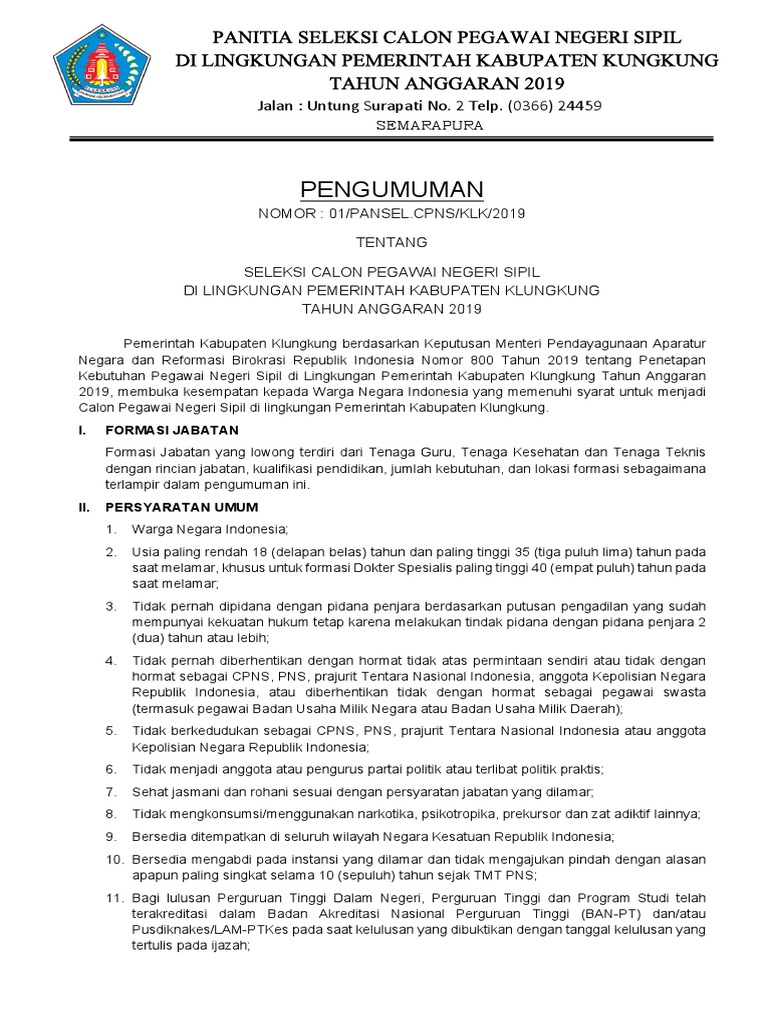 Pengumuman Penerimaan CPNS PDF
