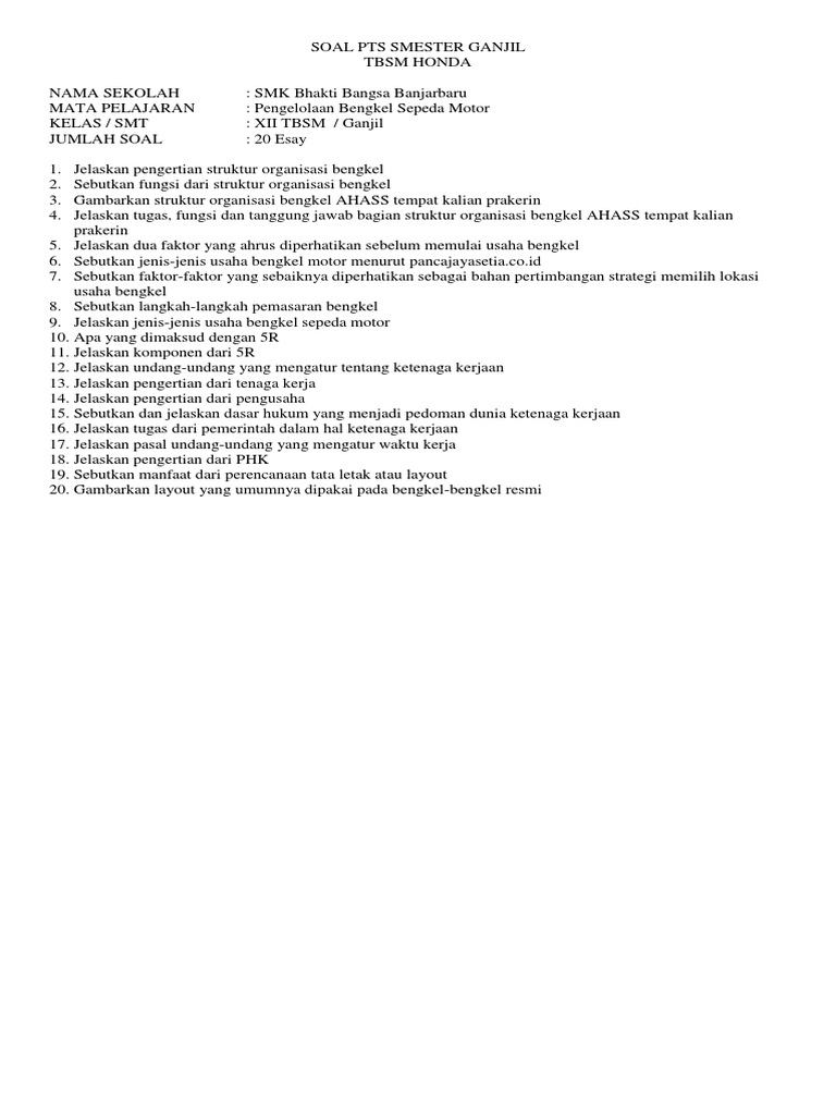 Soal Pts Pengelolaan Bengkel Sepeda Motor Smester Ganjil 2019 2020