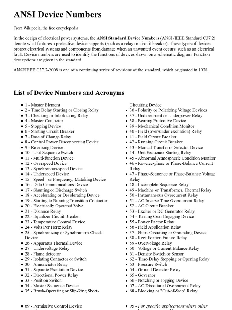 ANSI Device Numbers Wikip PDF Relay Switch