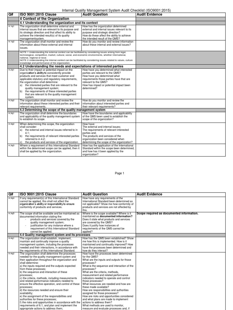 ISO 9001:2015 Audit Checklist Guide | PDF | Quality Management System ...
