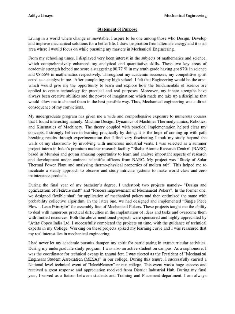 Statement of Purpose | PDF | Mechanical Engineering | Engineering