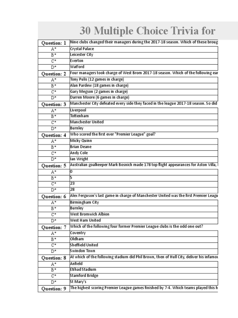 Premier League Trivia MCQs | PDF | Premier League | English Football League