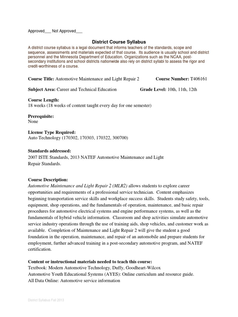 Approved Not Approved Automotive Maintenance and Light Repair 2