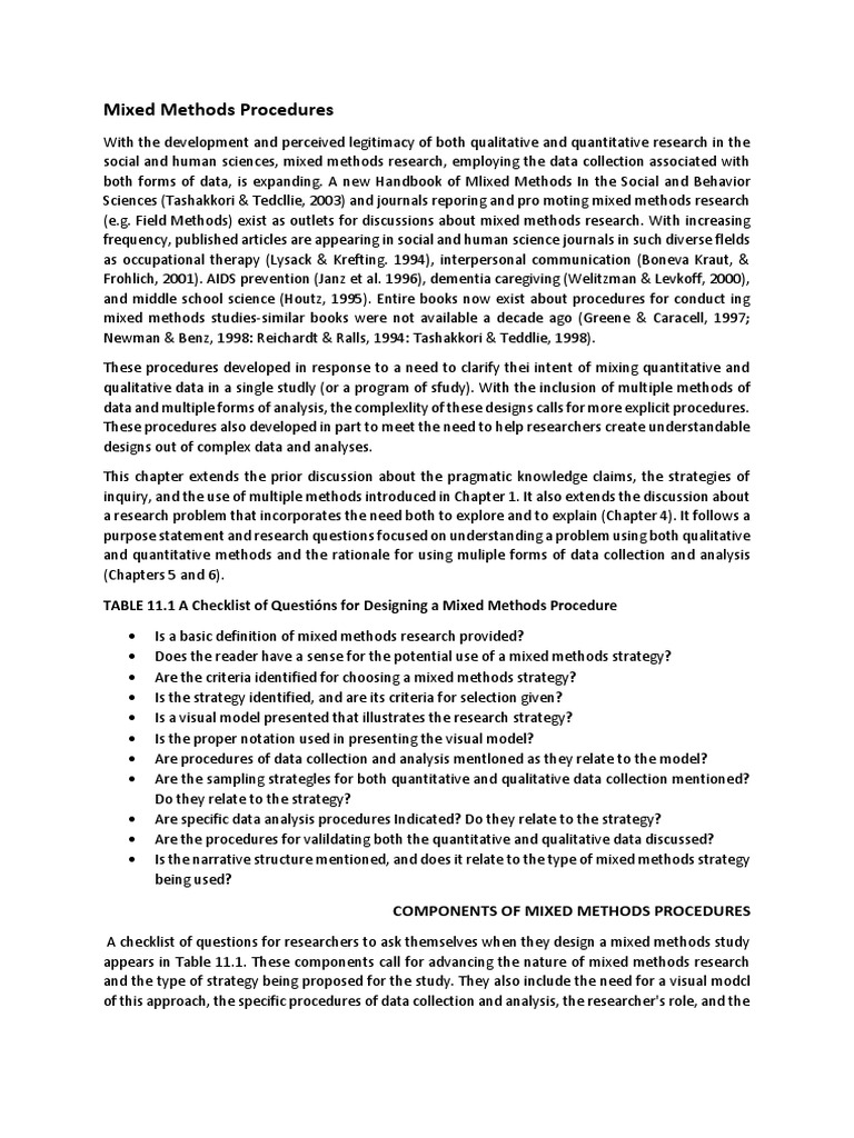 Mixed Methods Procedures: TABLE 11.1 A Checklist of Questións For ...