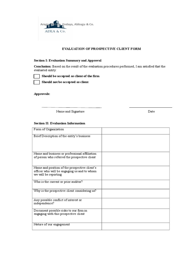 Evaluation Of Prospective Client Form Doc