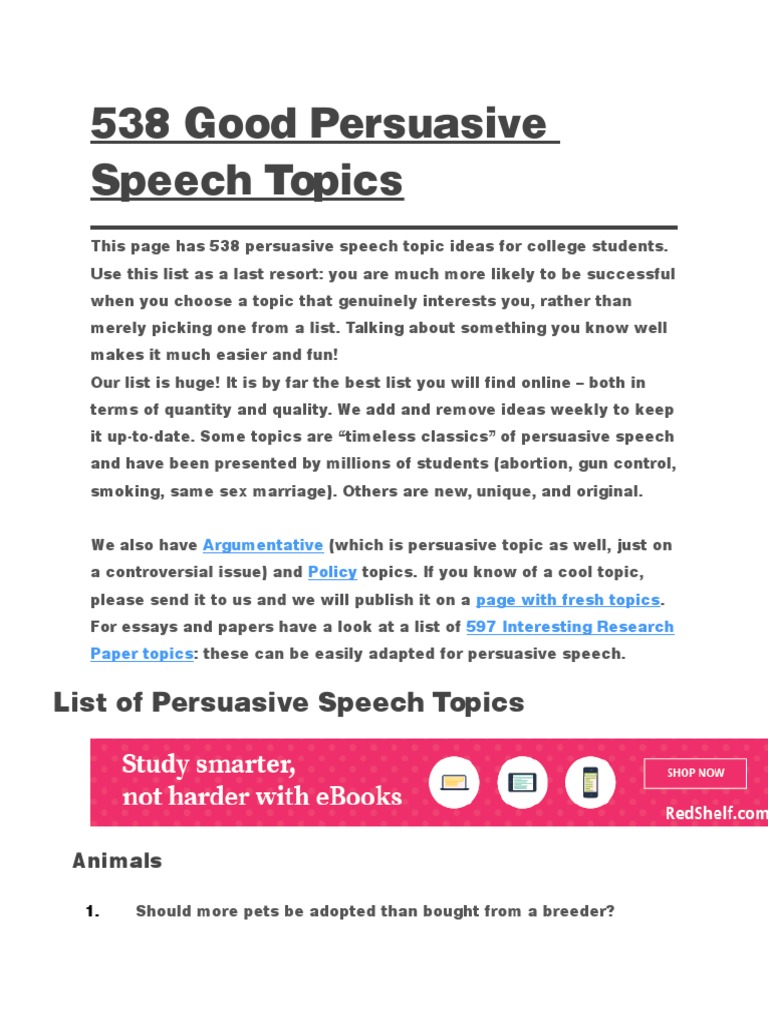 good ideas for a persuasive speech for college students