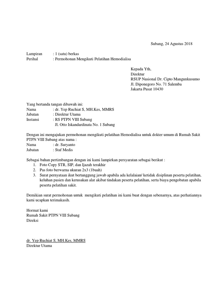 Surat Pelatihan Hemodialisa RSCM | PDF | Sains & Matematika