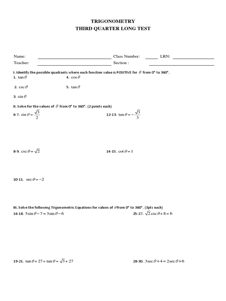 Trigonometry Third Quarter Long Test: Name: Class Number: LRN: Teacher ...
