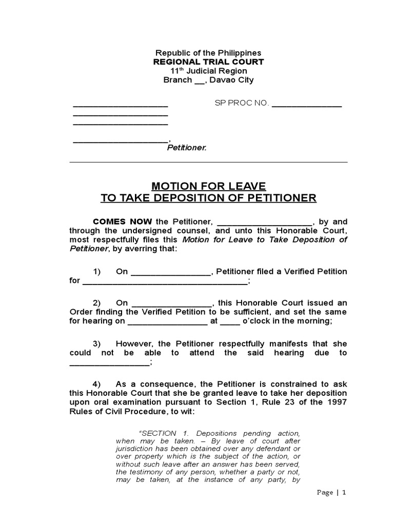 Sample Motion For Leave To Take Deposition Deposition (Law