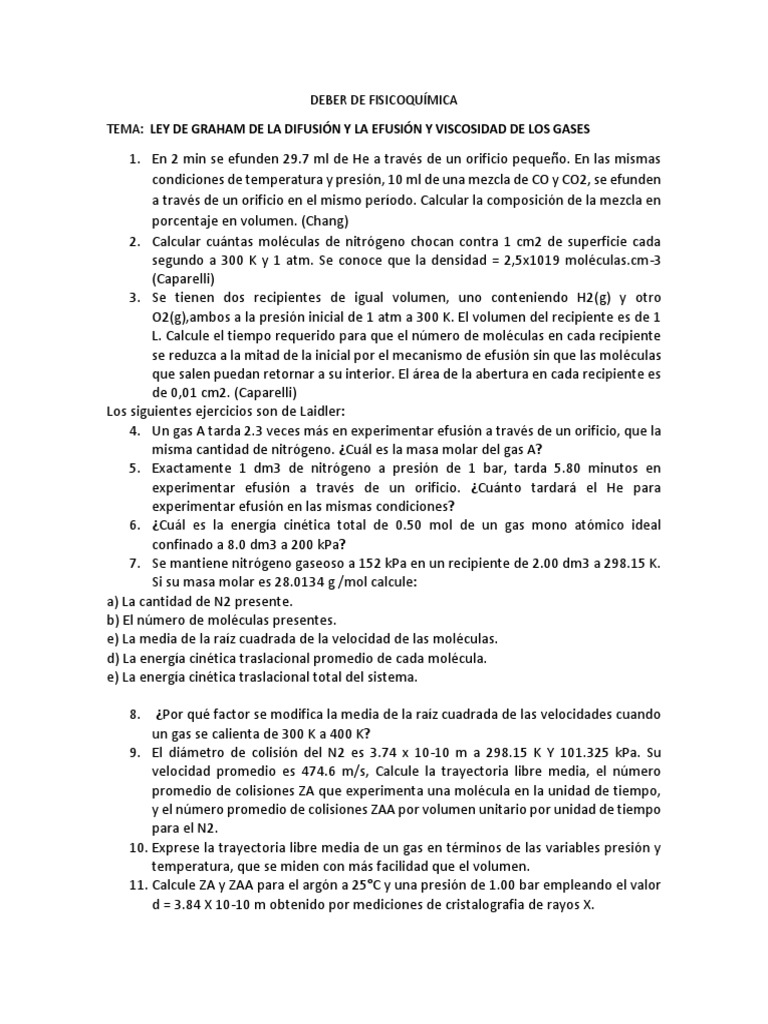 Deber De Fisicoquímica Tema Ley De Graham De La Difusión
