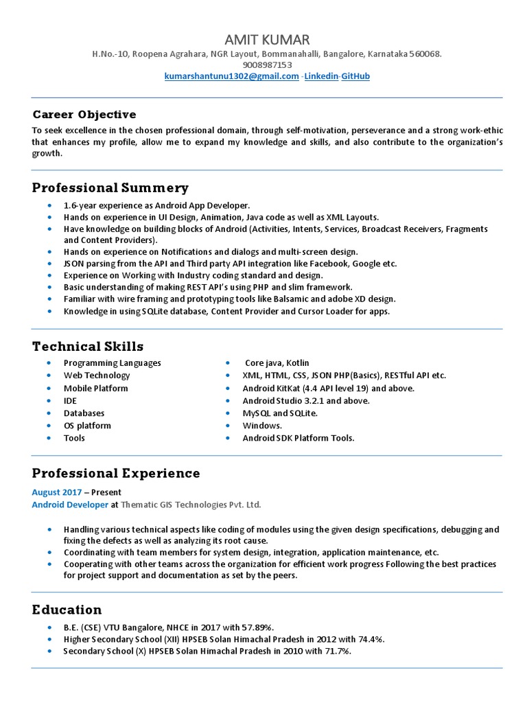 Android Developer Resume of Amit Kumar | PDF | Application Programming ...