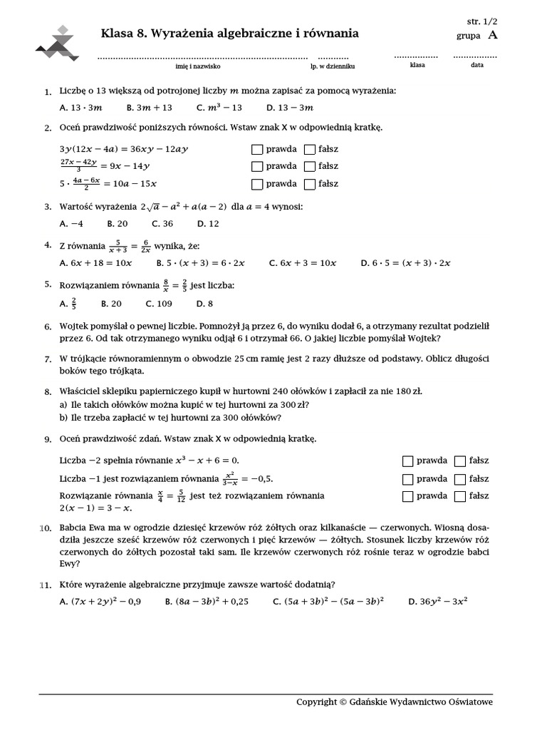 Sprawdzian Matematyka Klasa 8 Dział 2