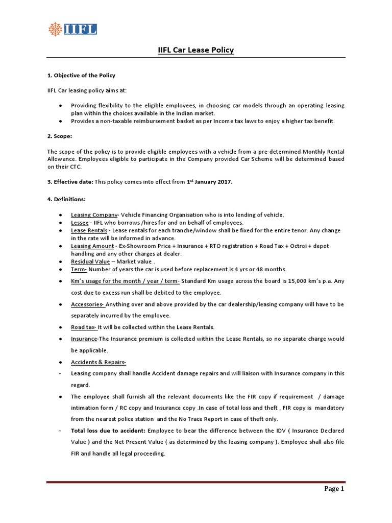 IIFL Car Lease Policy 1. Objective of The Policy PDF Lease Employee Benefits