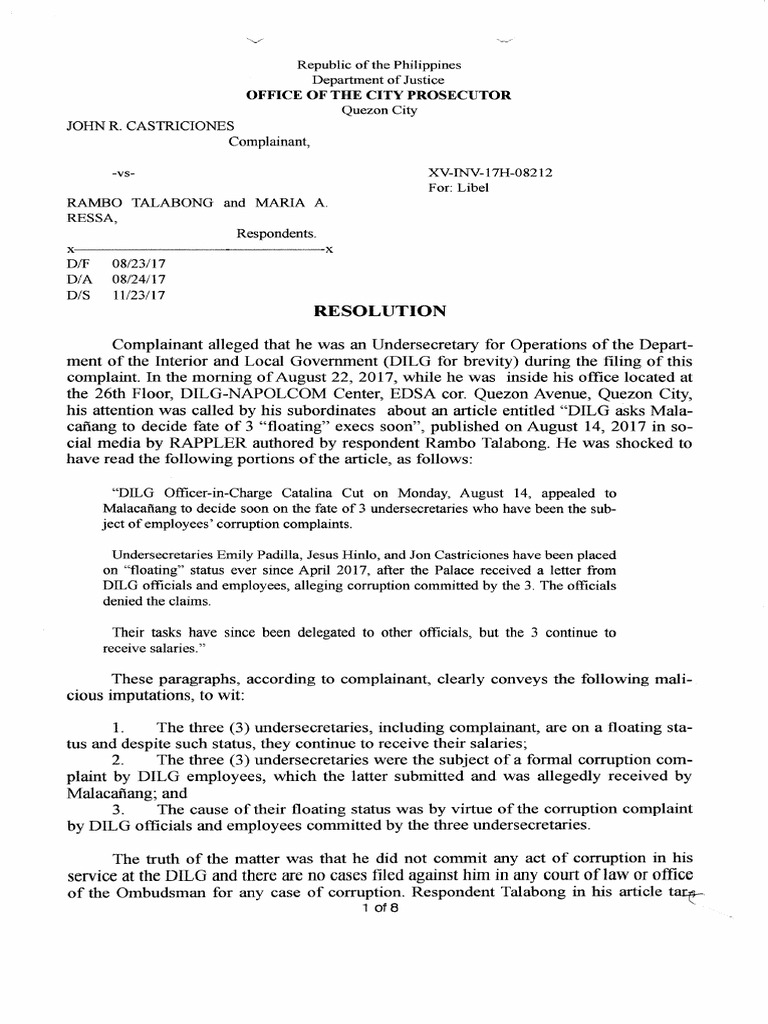 John Castriciones Vs Rappler Quezon City Prosecutor's Office