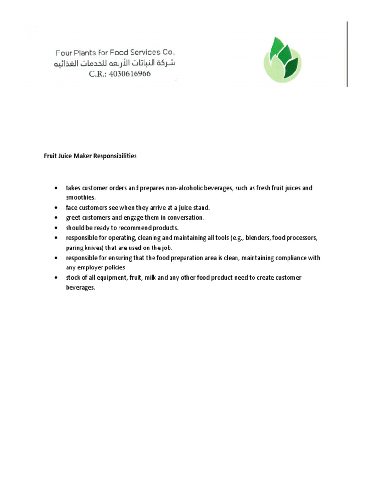 Fruit Juice Maker JOb Description PDF Juice Diet & Nutrition