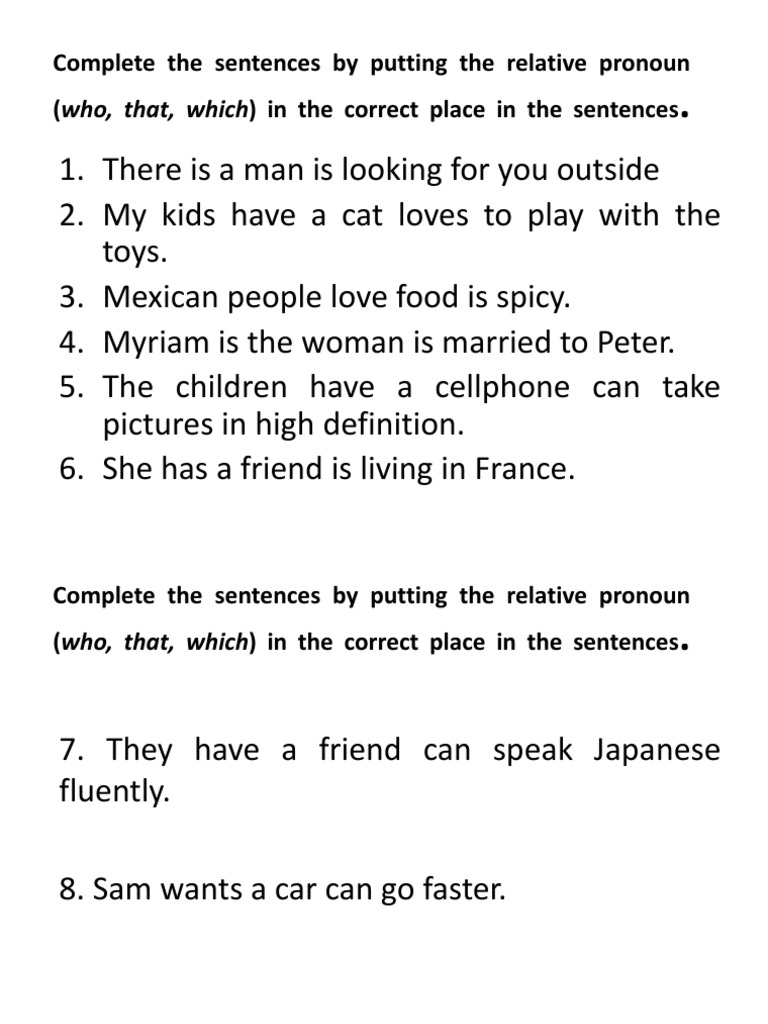 Relative Pronoun Sentence Completion Exercise | PDF | Language Arts ...