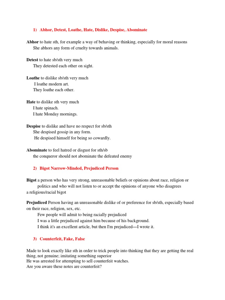 1) Abhor, Detest, Loathe, Hate, Dislike, Despise, Abominate | PDF ...