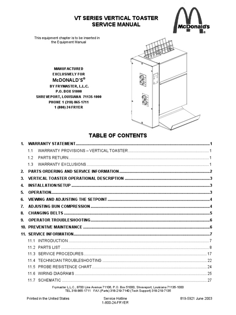 VT Series Vertical Toaster Service Manual Mcdonald'S PDF Belt