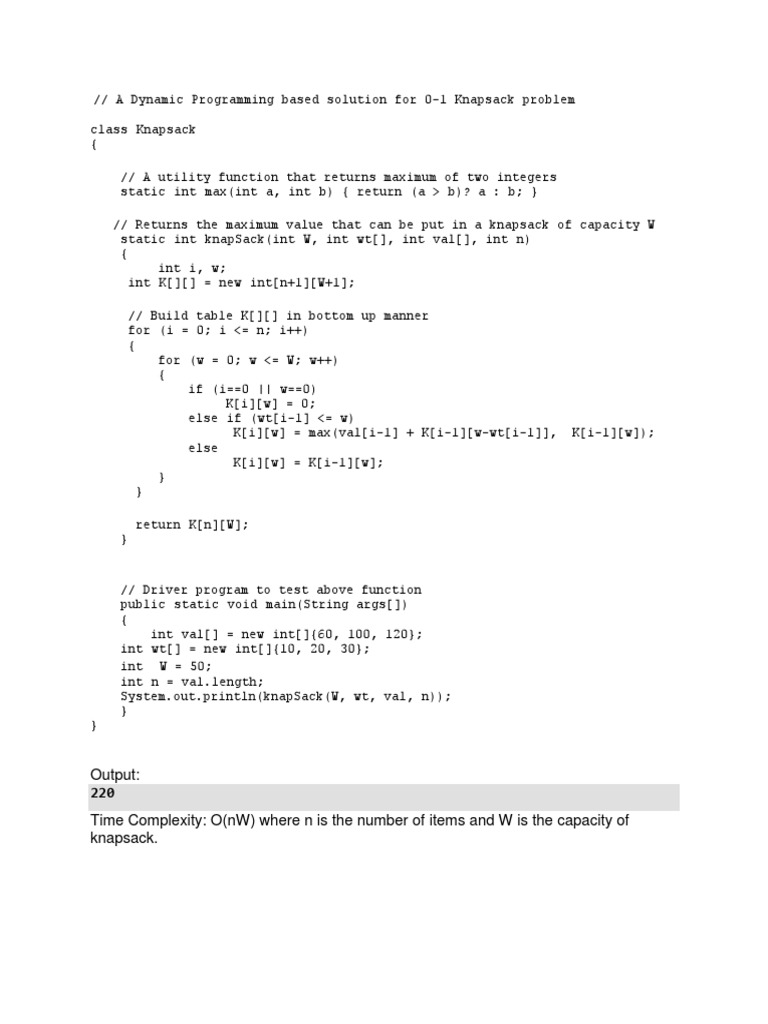 A Dynamic Programming Based Solution For 0 1 Knapsack Problem PDF