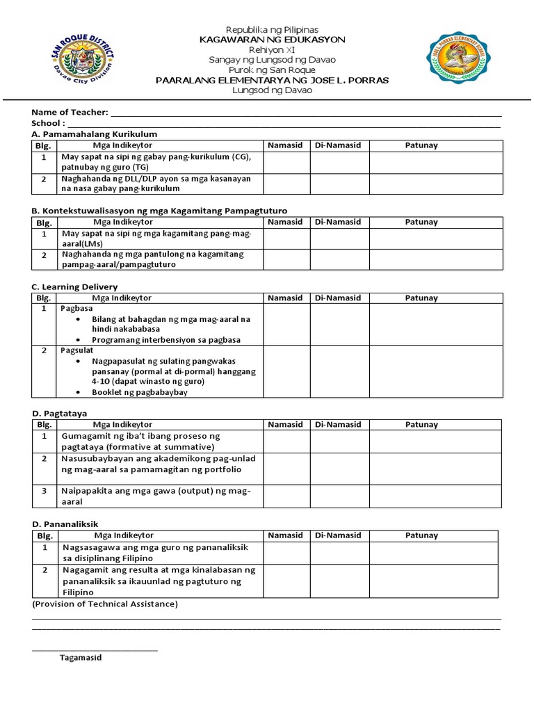 FILIPINO Checklist Blank | PDF