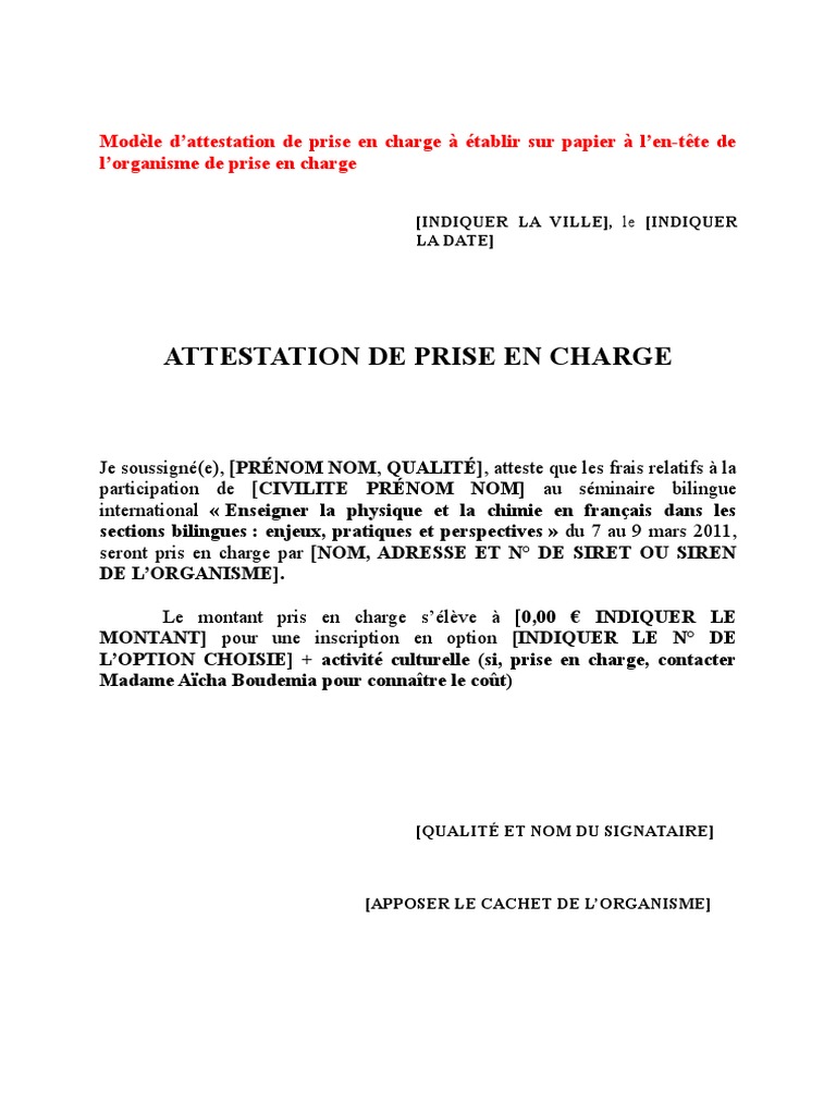 Exemple d'attestation de prise en charge