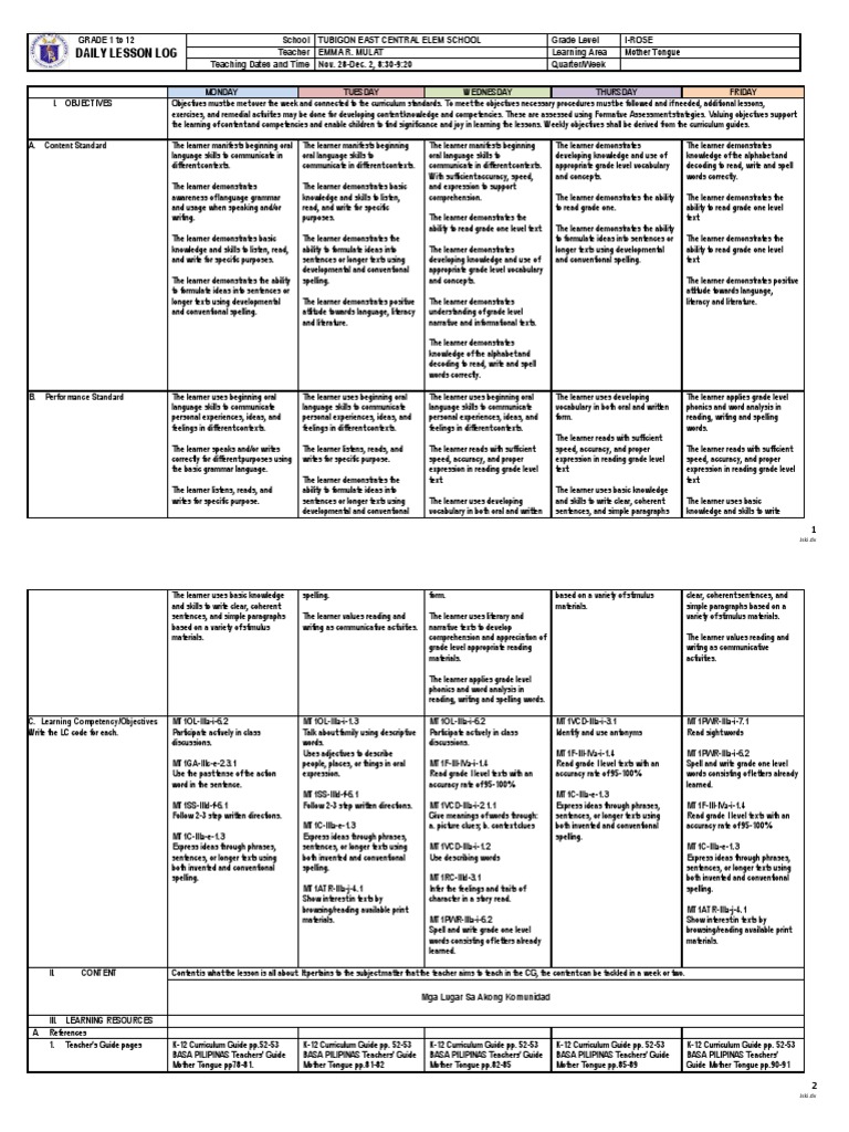 Grade 1 Mother Tongue Lesson Plan | PDF | Vocabulary | Phonics