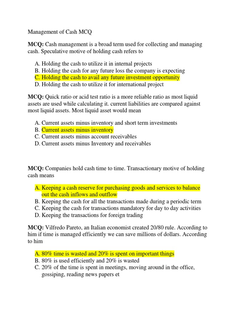 Cash Management MCQs and Concepts | PDF
