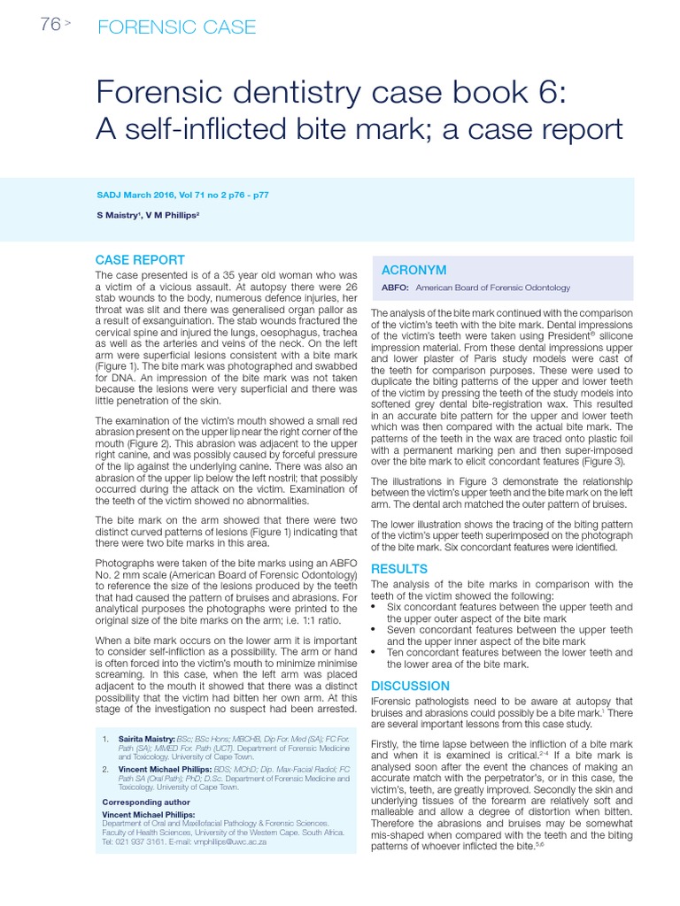 Forensic Dentistry Case Book 6 A SelfInflicted Bite Mark A Case Report PDF Forensics