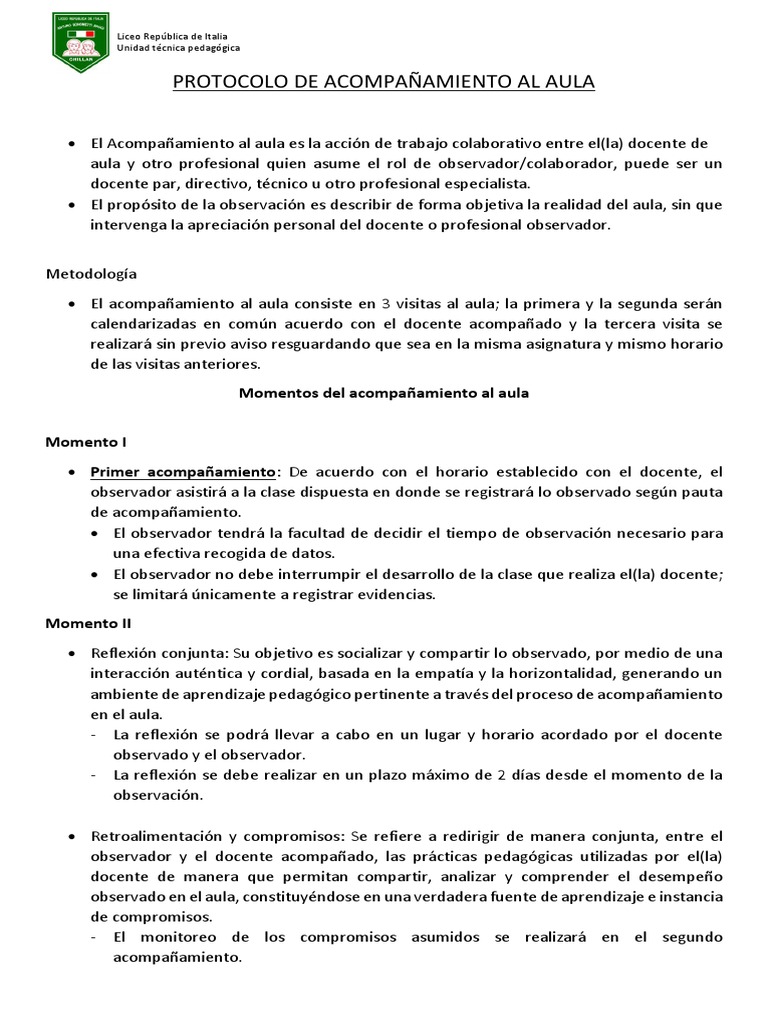 Protocolo de Acompañamiento Al Aula | PDF | Salón de clases | Maestros