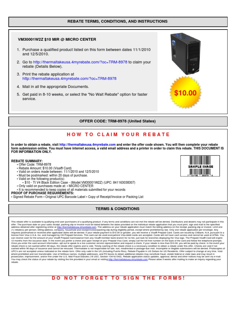 $10 Rebate Instructions for VM30001W2Z | PDF | Rebate (Marketing ...