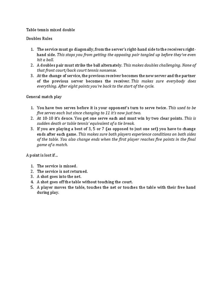 TT Mixed Doubles Rules: Service, Scoring & More | PDF